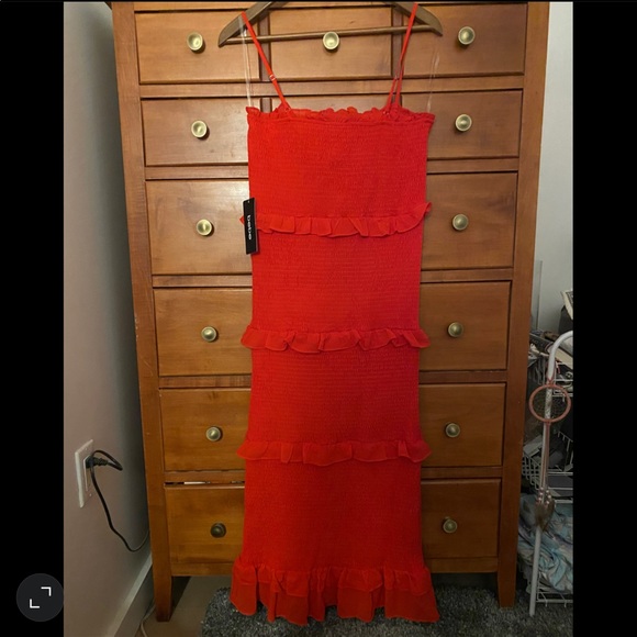 Bebe Smocked Ruffle-Tiered Bodycon Dress in Fiery Red - Picture 5 of 5